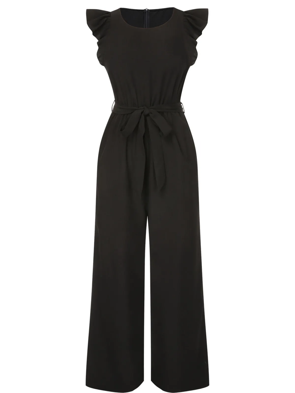 Sale Retro Stage 1930s Solid Ruffle Sleeves Belted Jumpsuit Black