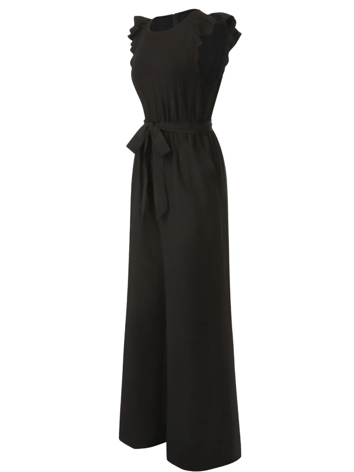 Sale Retro Stage 1930s Solid Ruffle Sleeves Belted Jumpsuit Black