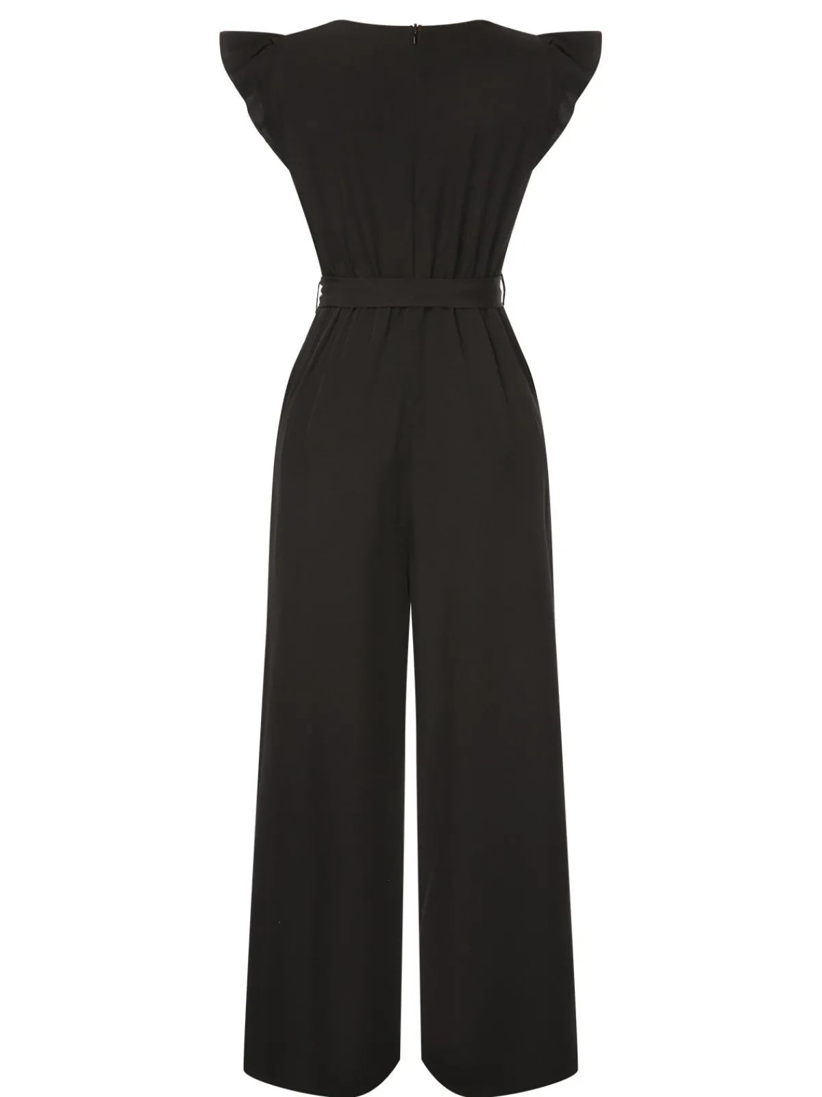 Sale Retro Stage 1930s Solid Ruffle Sleeves Belted Jumpsuit Black