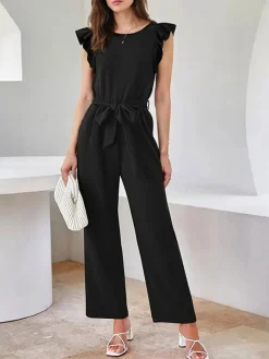 Sale Retro Stage 1930s Solid Ruffle Sleeves Belted Jumpsuit Black