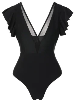 Hot Retro Stage 1950s Solid Ruffle Sleeve One-Piece Swimsuit Black
