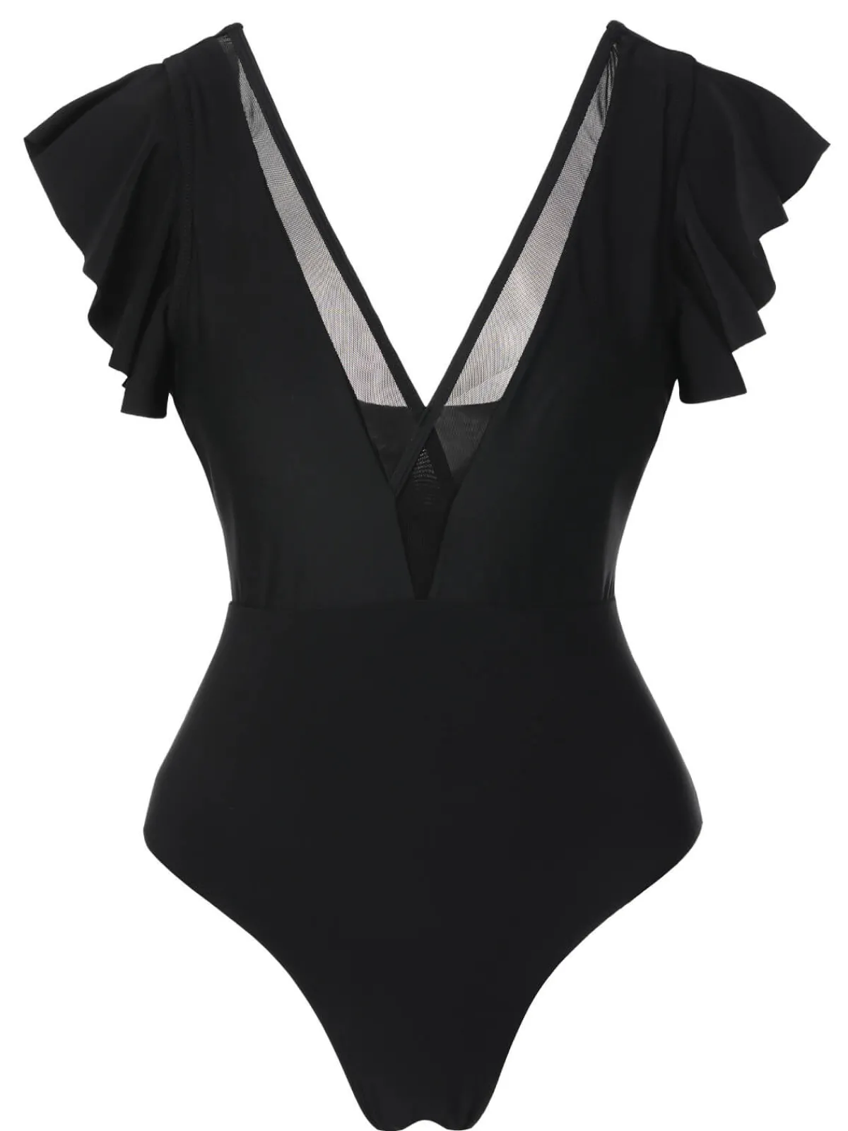 Hot Retro Stage 1950s Solid Ruffle Sleeve One-Piece Swimsuit Black