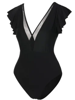 Hot Retro Stage 1950s Solid Ruffle Sleeve One-Piece Swimsuit Black