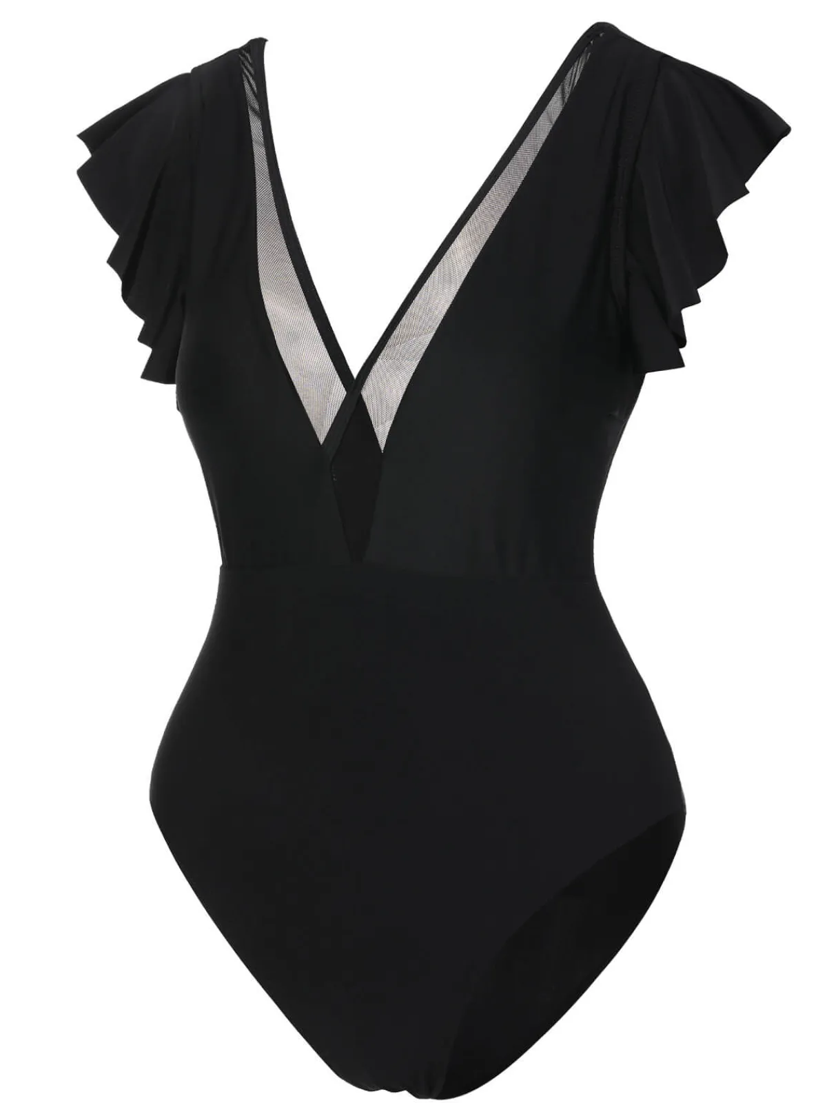 Hot Retro Stage 1950s Solid Ruffle Sleeve One-Piece Swimsuit Black