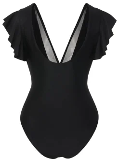 Hot Retro Stage 1950s Solid Ruffle Sleeve One-Piece Swimsuit Black