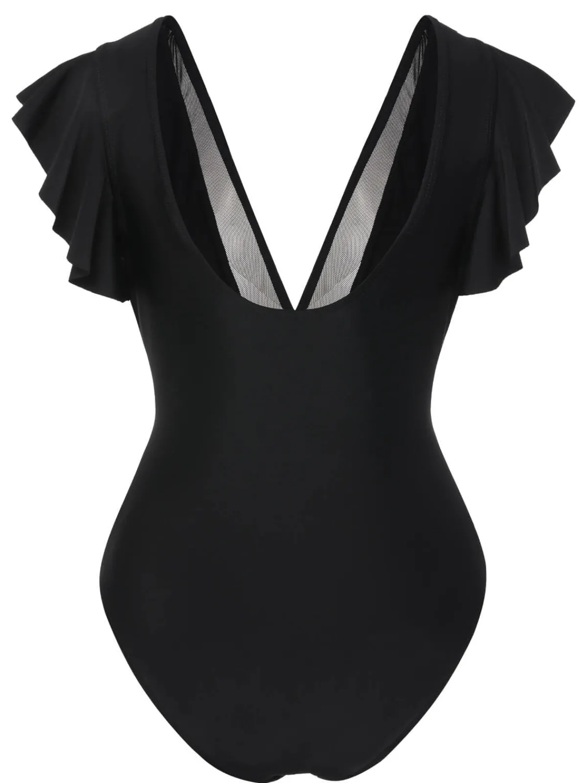 Hot Retro Stage 1950s Solid Ruffle Sleeve One-Piece Swimsuit Black