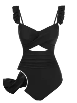 Discount Retro Stage 1950s Solid Ruffled Strap Swimsuit Black