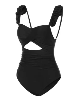Discount Retro Stage 1950s Solid Ruffled Strap Swimsuit Black