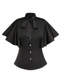 Online Retro Stage 1950s Solid Ruffled-Sleeve Blouse Black