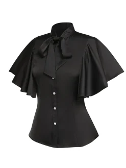 Online Retro Stage 1950s Solid Ruffled-Sleeve Blouse Black