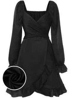 Hot Retro Stage 1950s Solid Ruffles V-Neck Dress Black