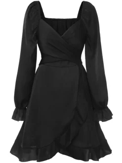 Hot Retro Stage 1950s Solid Ruffles V-Neck Dress Black
