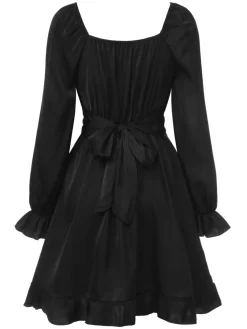Hot Retro Stage 1950s Solid Ruffles V-Neck Dress Black