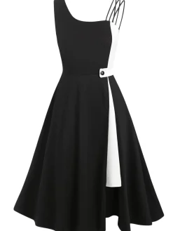 Best Retro Stage 1950s Solid Spaghetti Dress Black