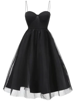 Clearance Retro Stage 1950s Solid Spaghetti Strap Mesh Dress Black