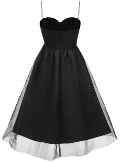 Clearance Retro Stage 1950s Solid Spaghetti Strap Mesh Dress Black