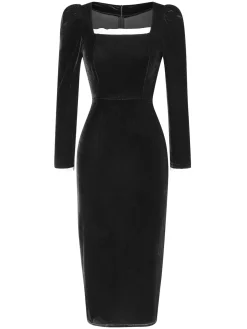 Online Retro Stage 1960s Solid Square Neck Velvet Dress Black