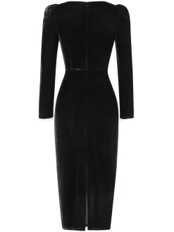 Online Retro Stage 1960s Solid Square Neck Velvet Dress Black