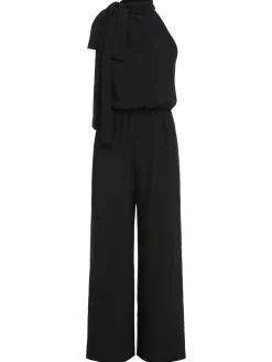 Clearance Retro Stage 1930s Solid Stand Collar Tie-Up Jumpsuit Black
