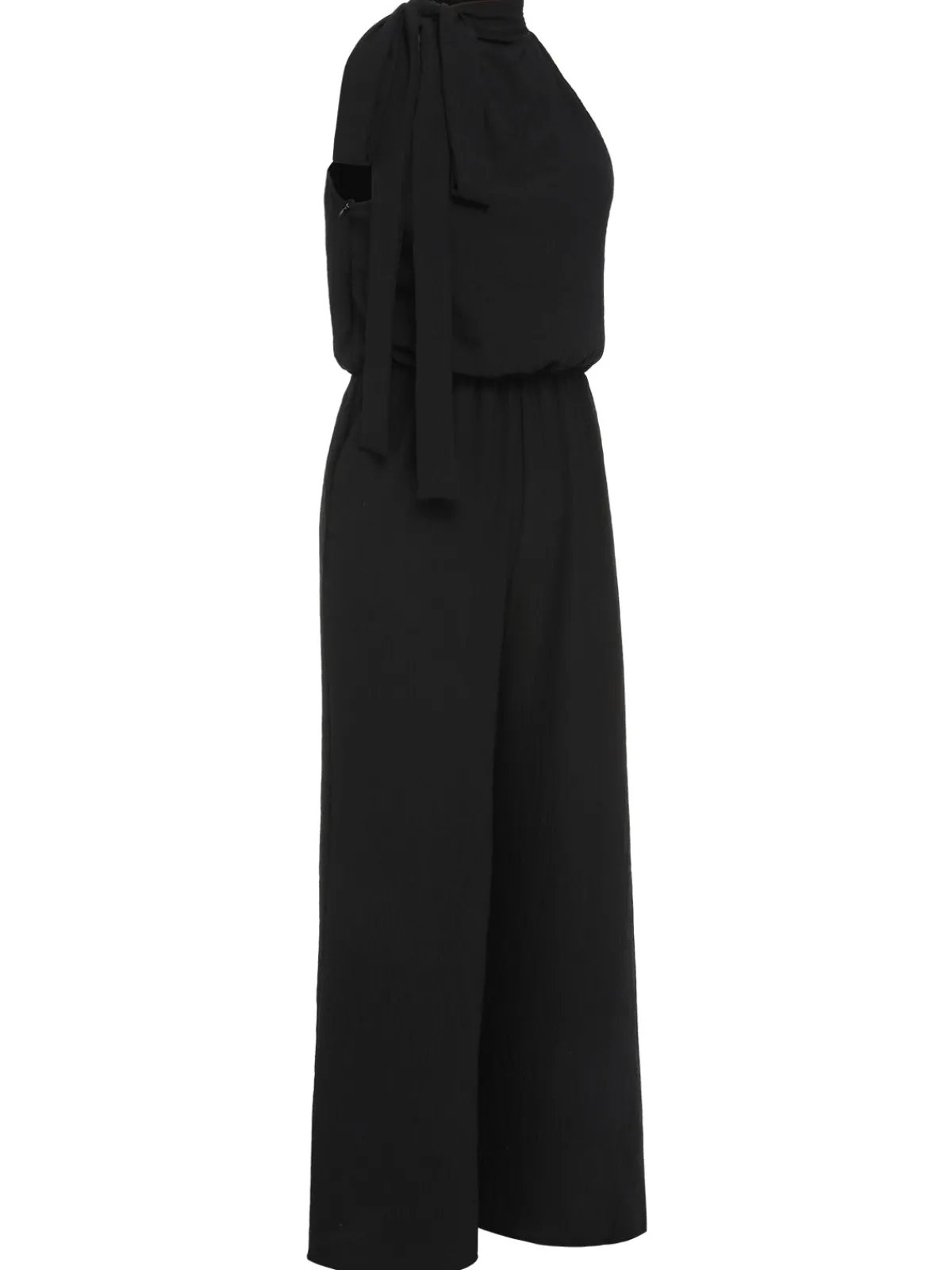 Clearance Retro Stage 1930s Solid Stand Collar Tie-Up Jumpsuit Black
