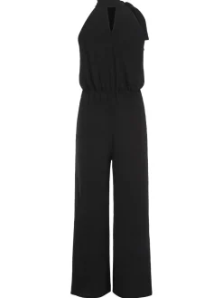 Clearance Retro Stage 1930s Solid Stand Collar Tie-Up Jumpsuit Black