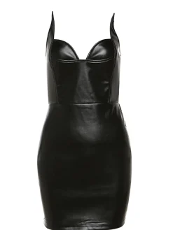 Discount Retro Stage 1980s Solid Steampunk Leather Pencil Dress Black
