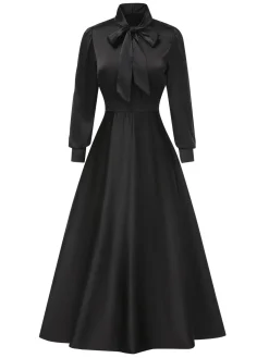 Sale Retro Stage 1950s Solid Tie-Neck Bishop Sleeves Satin Dress Black