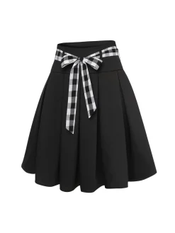 Hot Retro Stage 1950s Solid Umbrella Skirt with Belt Black