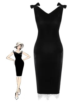 New Retro Stage 1960s Solid Velvet Bow Dress Black