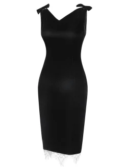 New Retro Stage 1960s Solid Velvet Bow Dress Black