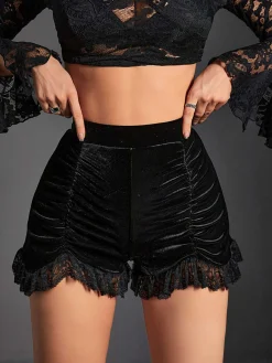 Online Retro Stage 1970s Solid Velvet Lace Pleated Shorts Black