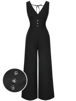 Outlet Retro Stage 1930s Solid V-Neck Butterfly Button Jumpsuit Black