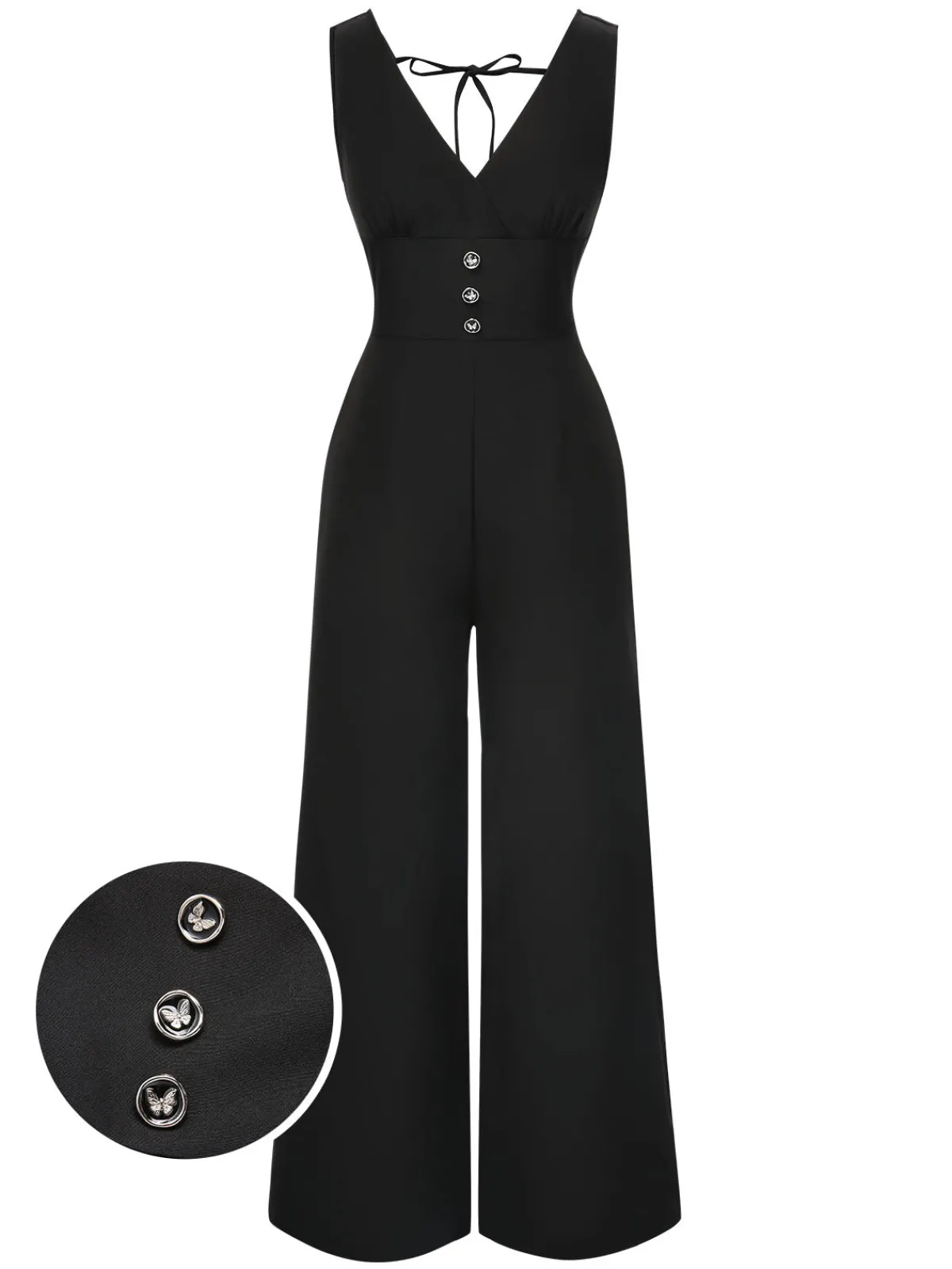 Outlet Retro Stage 1930s Solid V-Neck Butterfly Button Jumpsuit Black