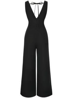 Outlet Retro Stage 1930s Solid V-Neck Butterfly Button Jumpsuit Black