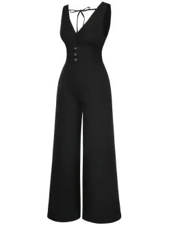 Outlet Retro Stage 1930s Solid V-Neck Butterfly Button Jumpsuit Black