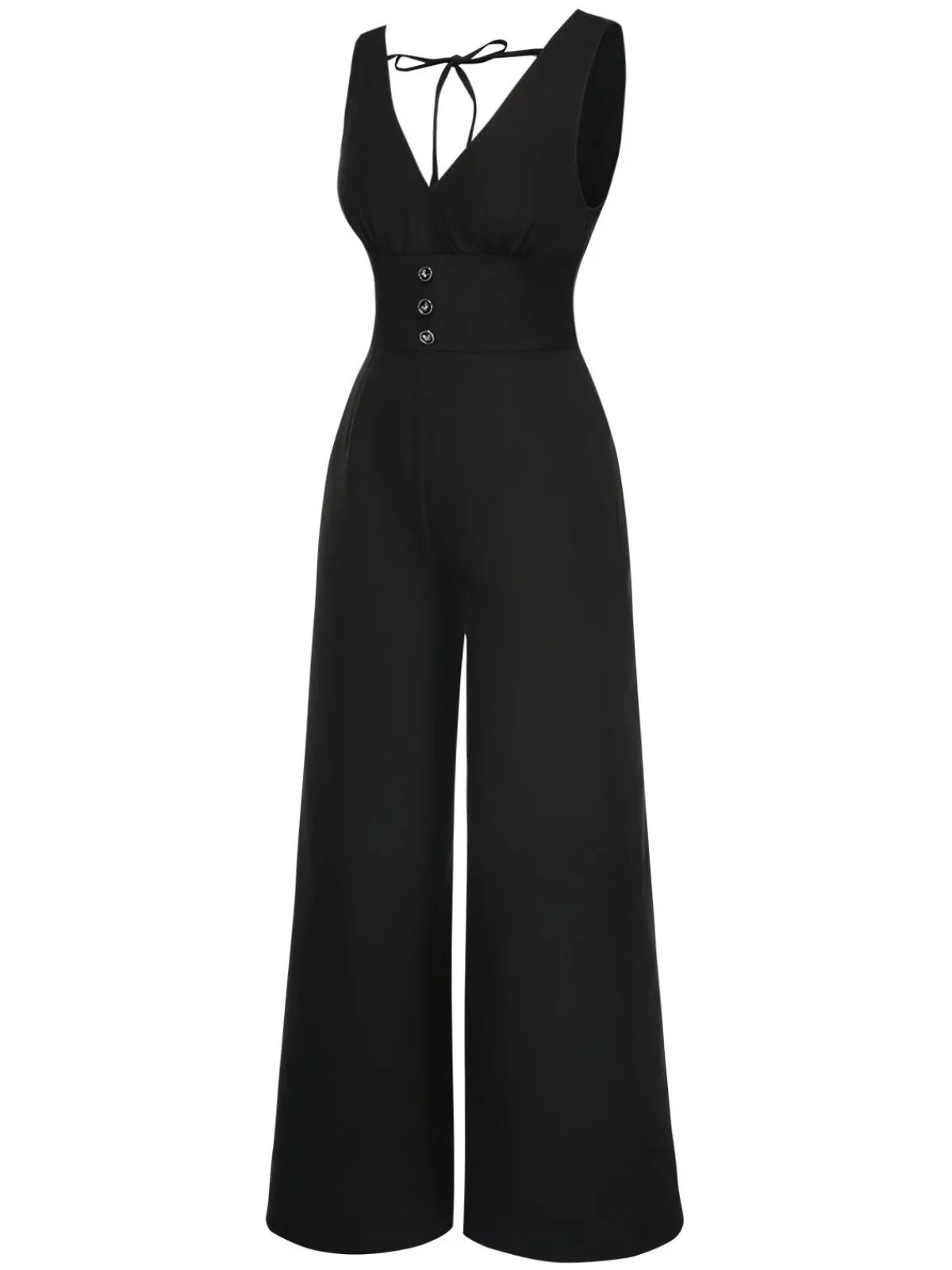 Outlet Retro Stage 1930s Solid V-Neck Butterfly Button Jumpsuit Black
