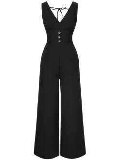 Outlet Retro Stage 1930s Solid V-Neck Butterfly Button Jumpsuit Black