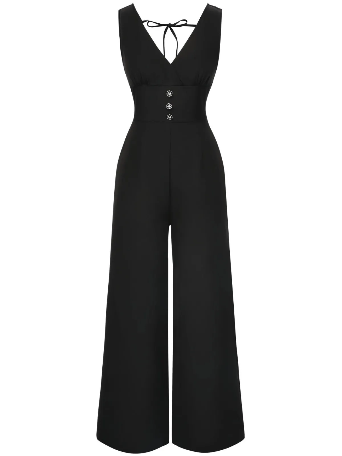 Outlet Retro Stage 1930s Solid V-Neck Butterfly Button Jumpsuit Black