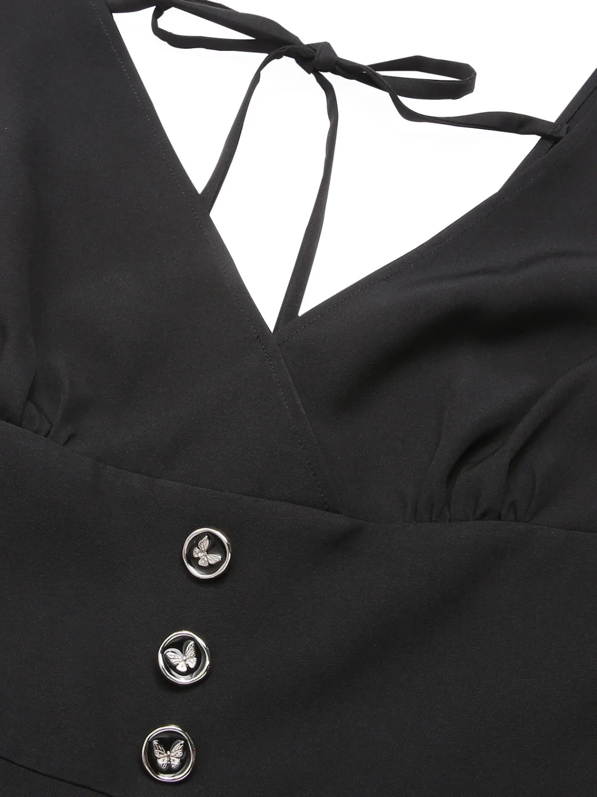 Outlet Retro Stage 1930s Solid V-Neck Butterfly Button Jumpsuit Black