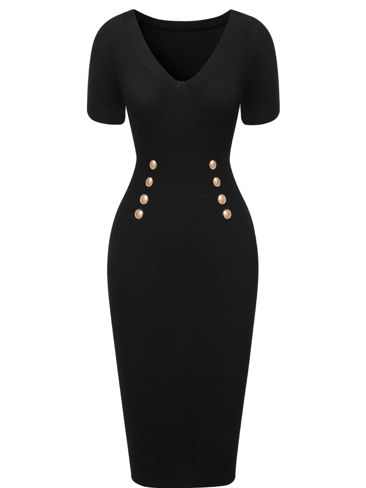 New Retro Stage Black 1960s Solid V-Neck Buttons Dress