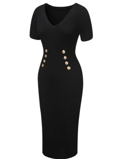 New Retro Stage Black 1960s Solid V-Neck Buttons Dress