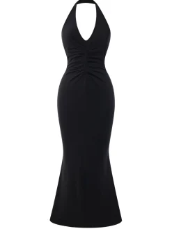 Discount Retro Stage 1930s Solid V-Neck Halter Mermaid Dress Black