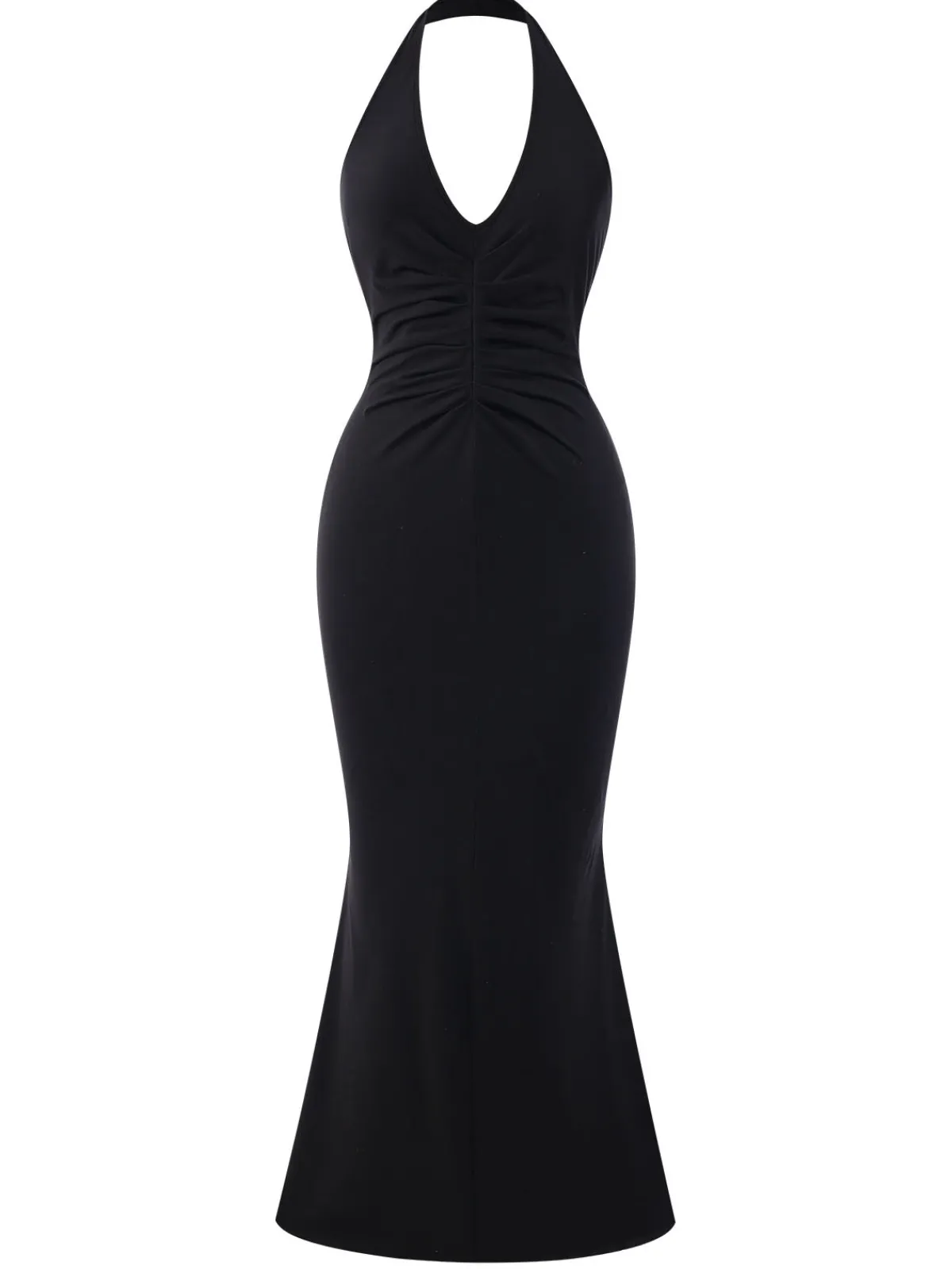 Discount Retro Stage 1930s Solid V-Neck Halter Mermaid Dress Black