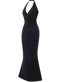 Discount Retro Stage 1930s Solid V-Neck Halter Mermaid Dress Black