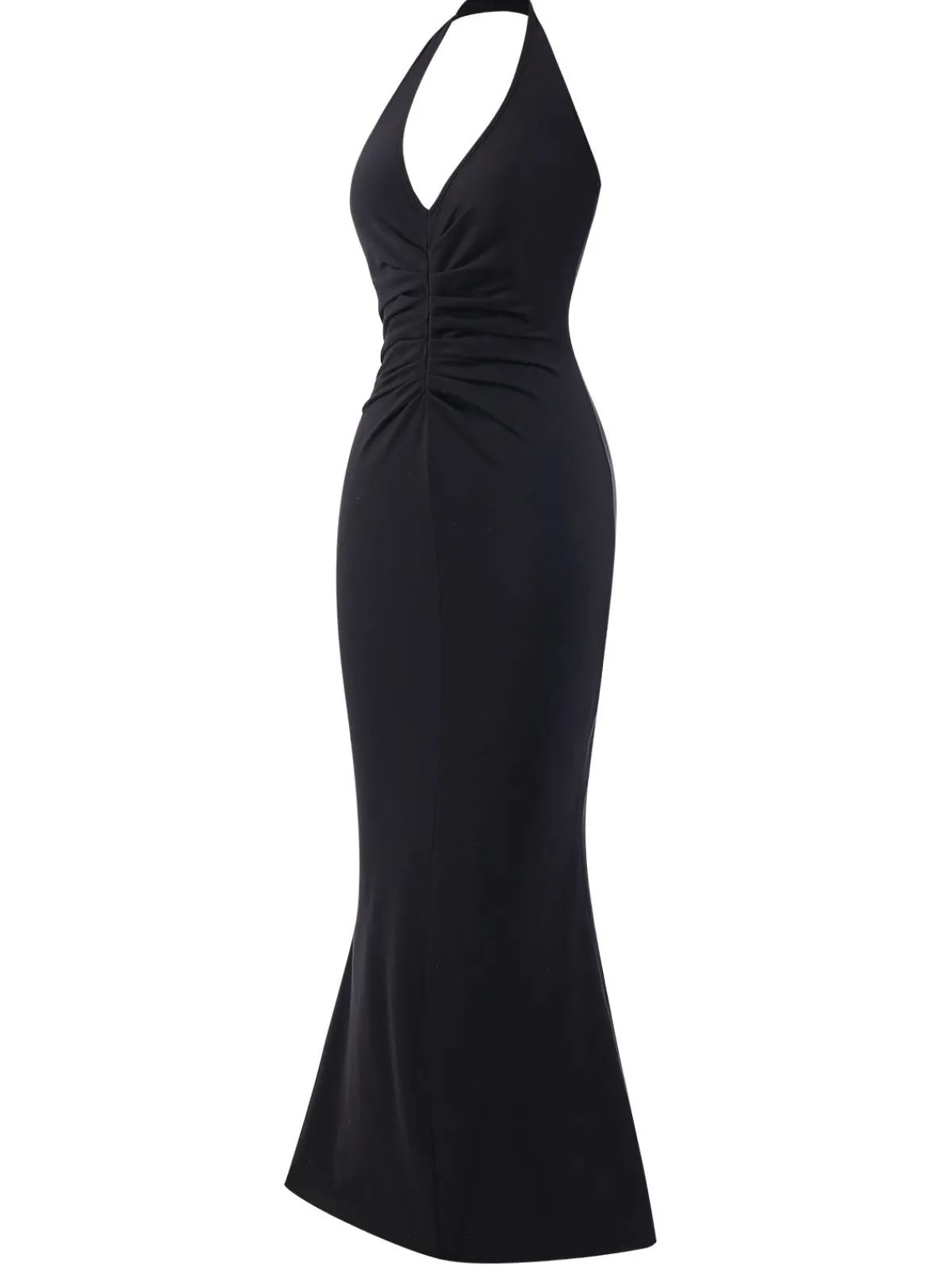 Discount Retro Stage 1930s Solid V-Neck Halter Mermaid Dress Black
