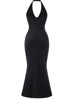 Discount Retro Stage 1930s Solid V-Neck Halter Mermaid Dress Black