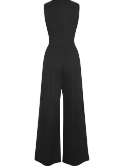Fashion Retro Stage 1940s Solid V-Neck Jumpsuit Black