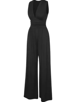Fashion Retro Stage 1940s Solid V-Neck Jumpsuit Black