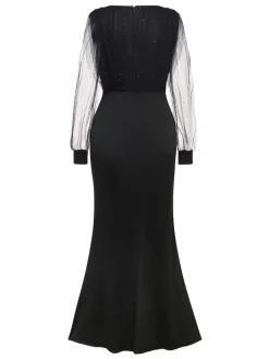 Best Retro Stage 1930s Solid V-Neck Sequined Irregular Hem Dress Black