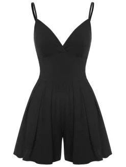 Clearance Retro Stage 1950s Solid V-Neck Spaghetti Straps Romper Black